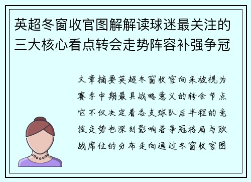 英超冬窗收官图解解读球迷最关注的三大核心看点转会走势阵容补强争冠